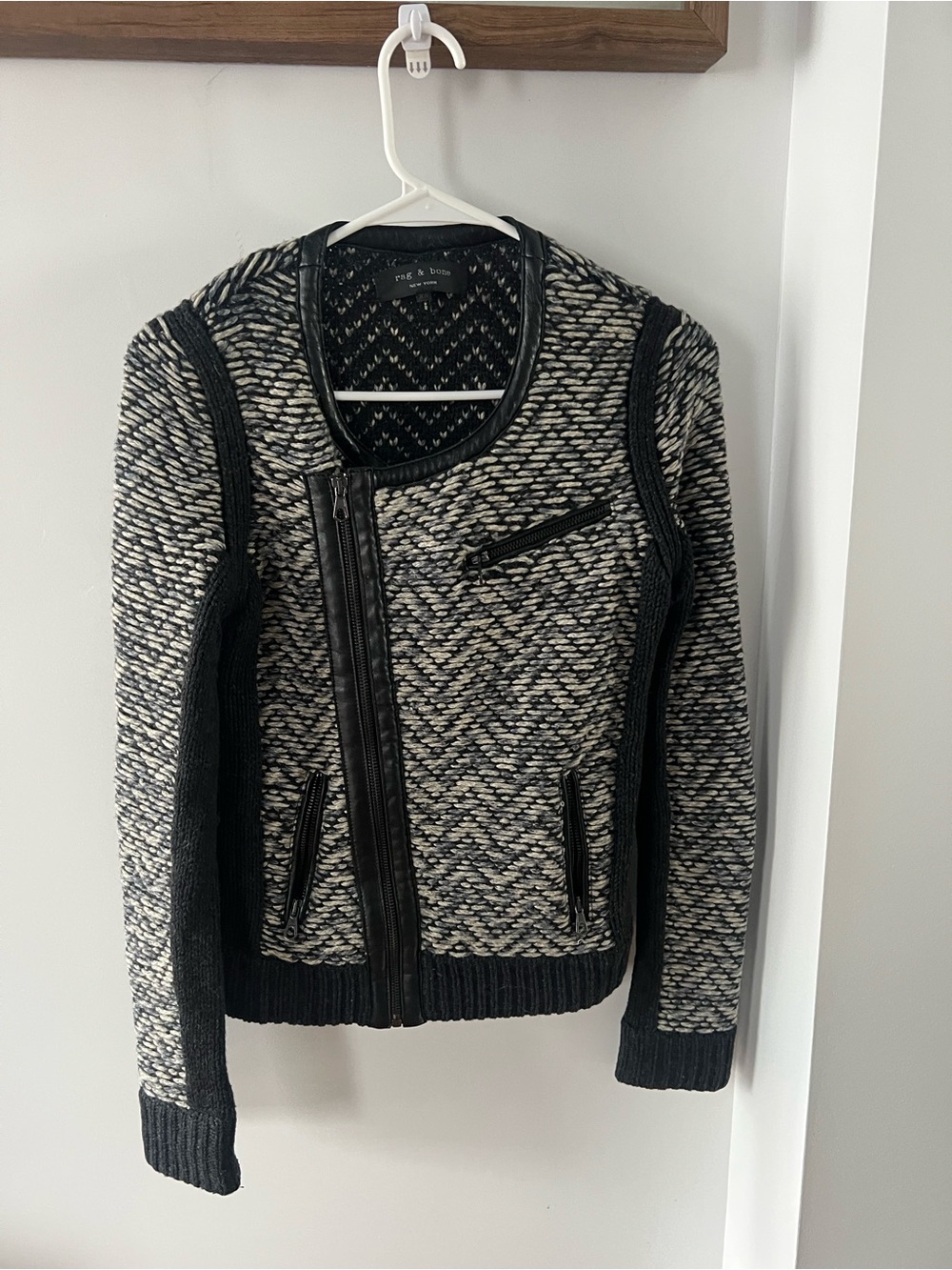 rag & bone Black and Cream Knit Zip Cardigan